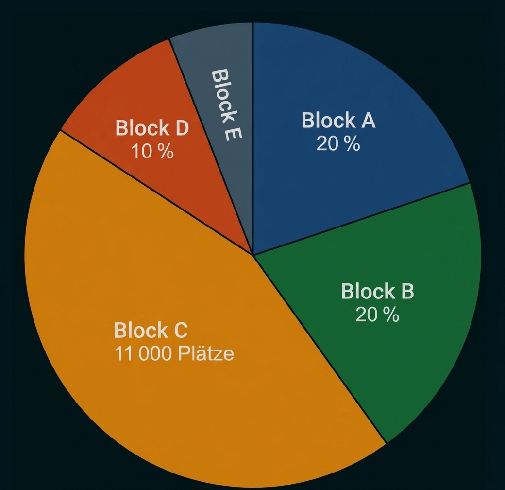 Kreisdiagramm mit Blöcken A bis E und unterschiedlichen Anteilen sowie 11.000 Plätzen bei Block C